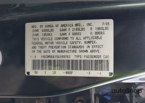 2005 Honda Accord Lx z USA, uszkodzony, nr VIN 1HGCM56415A169763